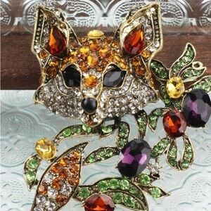 Large Elegant Fox Brooch with Multicolor Crystals Metal Base
